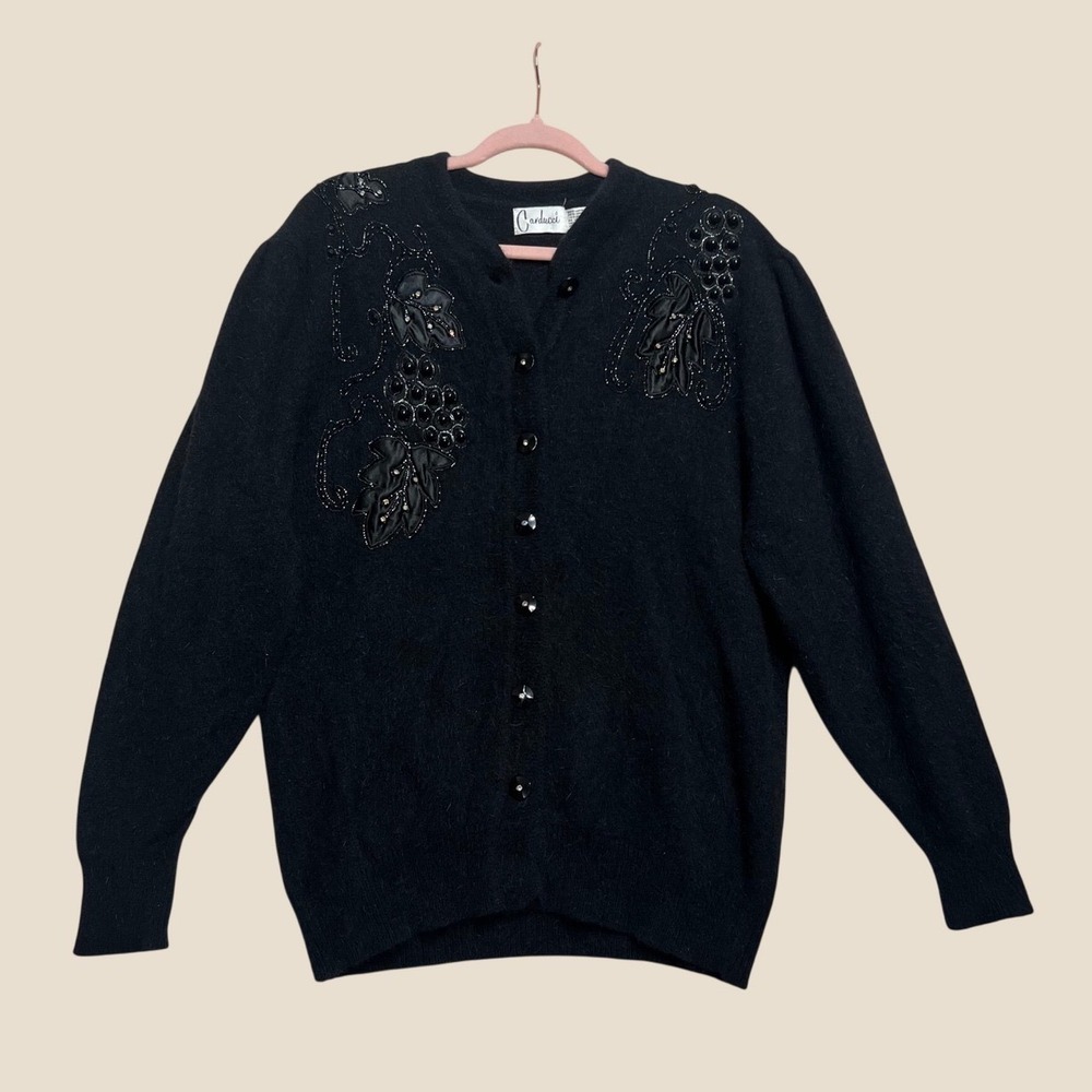 Vintage Carducci 80s Black Lambswool Angora Beaded Cardigan Goth Glam Large